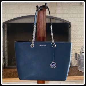 MICHAEL Michael Kors Large Navy Blue Shania East West Chain Tote Shoulder Bag